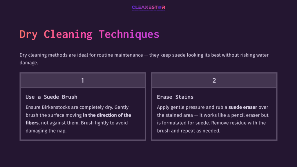 Text On A Dark Background Describing Dry Cleaning Techniques For Suede Birkenstocks, Featuring Numbered Steps And Instructional Graphics.