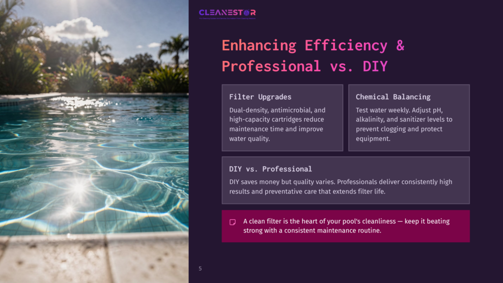 A Sparkling, Crystal-Clear Swimming Pool With Bright Blue Water Reflects The Sunny Sky And Lush Green Palm Trees. The Text &Quot;Cleanestor Enhancing Efficiency &Amp; Professional Vs. Diy&Quot; Is Overlaid On The Image.