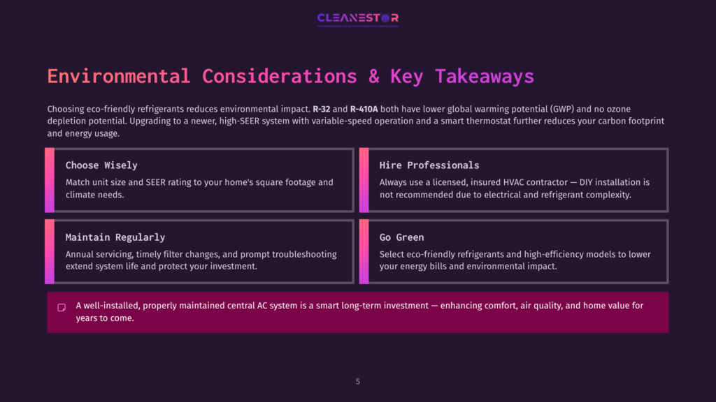 Environmental Considerations &Amp; Key Takeaways Slide From Cleanestor, Detailing Choosing Wisely, Hiring Professionals, Maintaining Regularly, And Going Green For Hvac Systems.