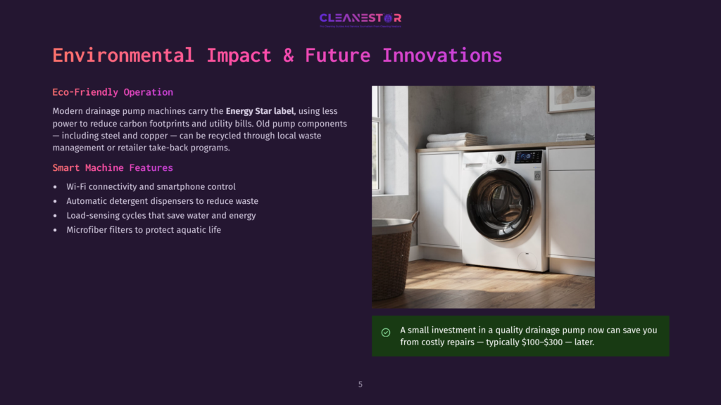 A Modern, Energy-Efficient Washing Machine With A Digital Display Sits In A Clean, Bright Laundry Room, Next To A Basket Of Neatly Folded Towels. &Quot;Cleanestor&Quot; Text Is Visible At The Top.