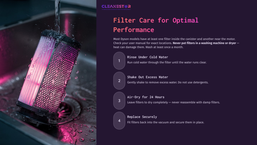 5 Filter Care For Optimal Performance 1 A Wet Dyson Vacuum Filter Being Rinsed Under A Faucet, With Instructions For Cleaning Alongside A Purple And Black Color Scheme.