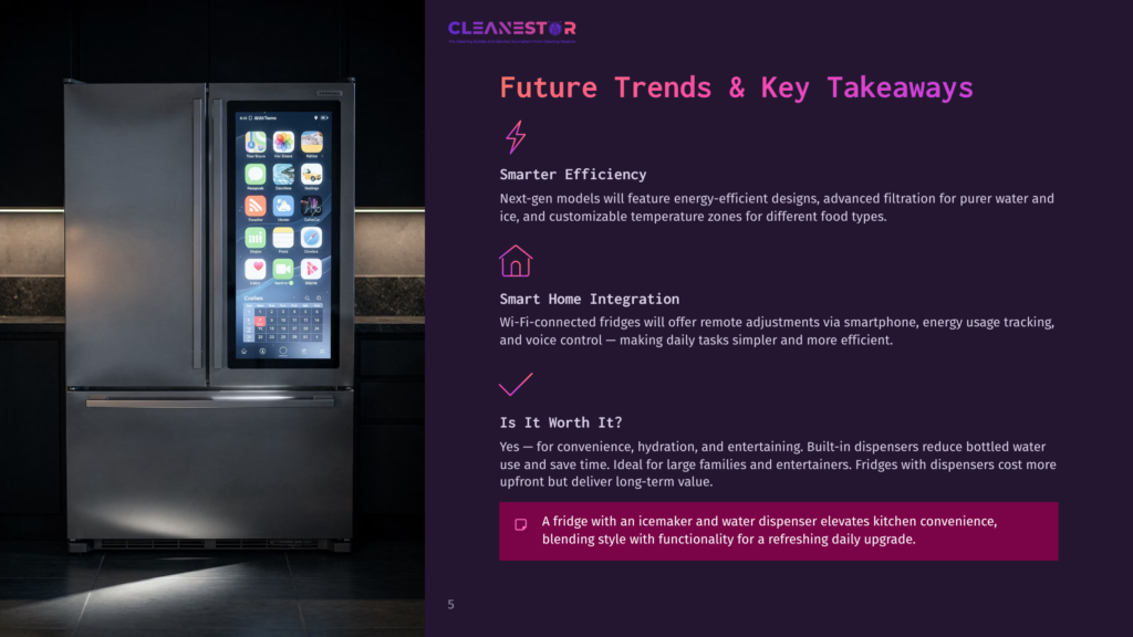 Modern Stainless Steel French Door Refrigerator With A Large Touchscreen Display Showing App Icons And A Calendar. The Screen Displays The Text &Quot;Cleanestor&Quot; And &Quot;Future Trends &Amp; Key Takeaways&Quot;.