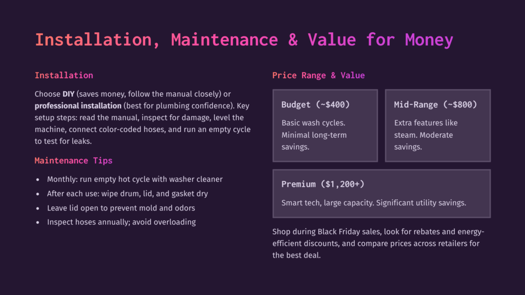 A Dark Purple Background With Text About Washing Machine Installation, Maintenance, And Value. Sections Detail Installation Tips, Maintenance, And Price Ranges: Budget, Mid-Range, And Premium.