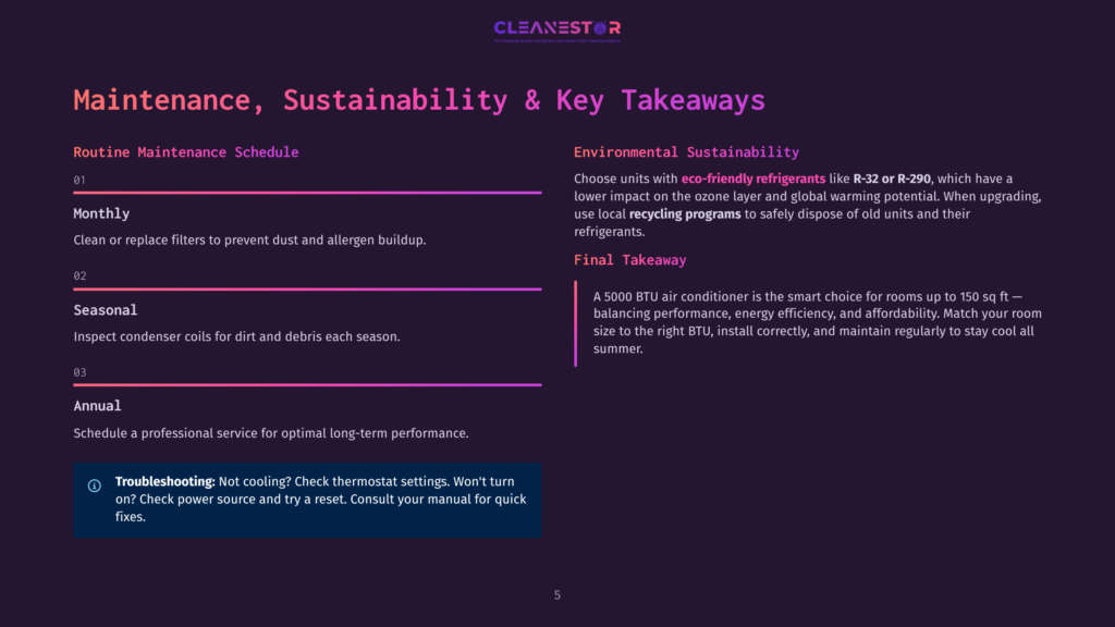 Cleanestor Logo With Text &Quot;Maintenance, Sustainability &Amp; Key Takeaways&Quot; And Sections On Routine Maintenance, Environmental Sustainability, And Final Takeaway.