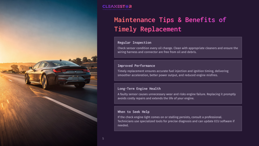 A Sleek Black Bmw Sedan Drives Along A Scenic Highway At Sunset, With Golden Light Illuminating The Car And The Surrounding Landscape. Text Overlay Reads &Quot;Cleanestor Maintenance Tips &Amp; Benefits Of Timely Replacement&Quot;.