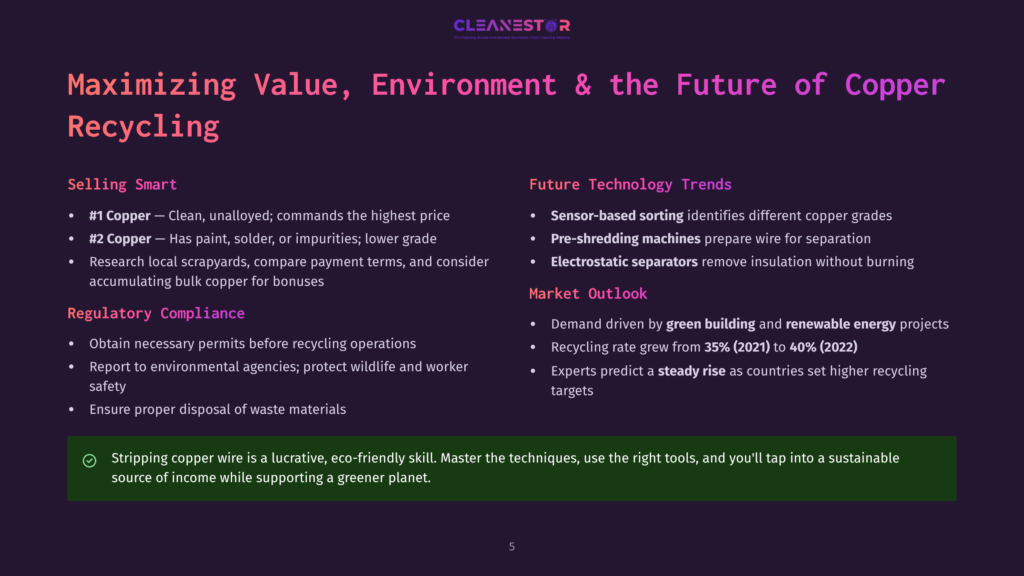 Presentation Slide Titled &Quot;Maximizing Value, Environment &Amp; The Future Of Copper Recycling&Quot; With Sections On Selling Smart, Future Technology Trends, And Market Outlook, Featuring Bullet Points And A Green Checkmark Graphic.