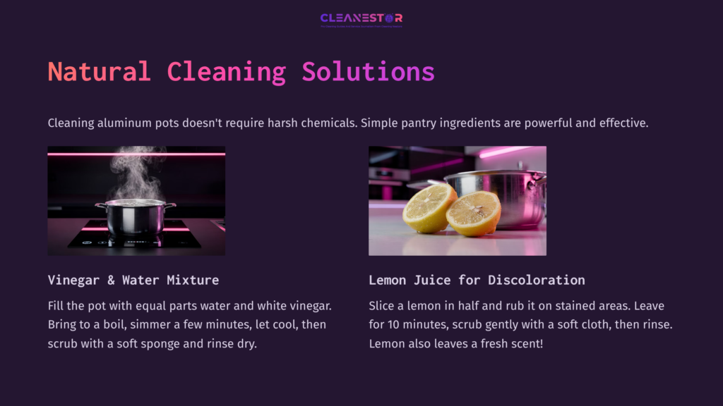 5 Natural Cleaning Solutions 2 Illustration Of A Pot With Boiling Contents On The Left And Sliced Lemons On The Right, Set Against A Dark Purple Background.