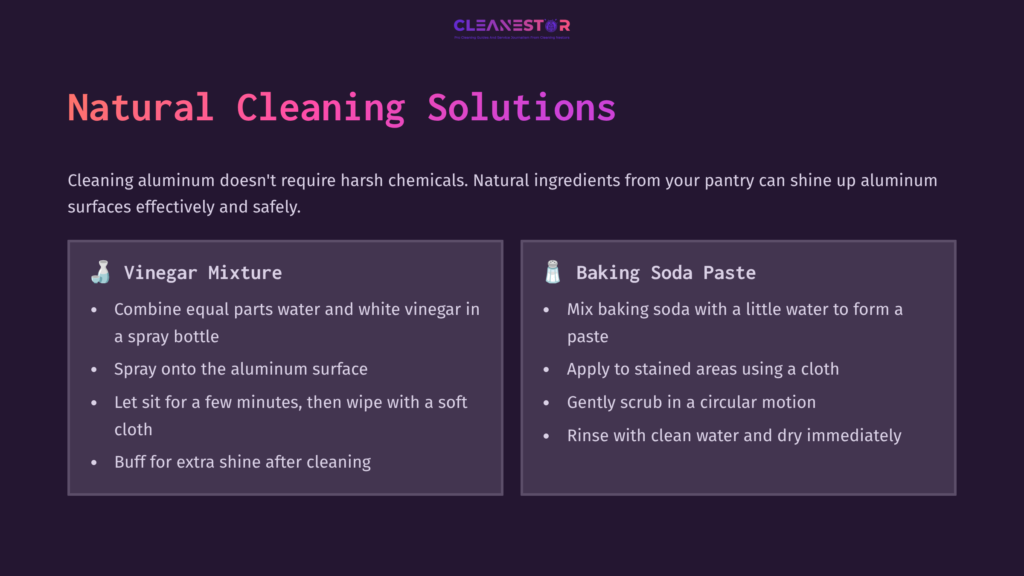 A Dark Purple Background With White Text Outlining Natural Cleaning Solutions For Aluminum, Featuring A Vinegar Mixture And Baking Soda Paste Instructions.