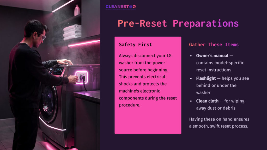A Person Preparing To Reset An Lg Washing Machine, With A Flashlight, Owner'S Manual, And Clean Cloth On A Vibrant, Purple-Lit Countertop.