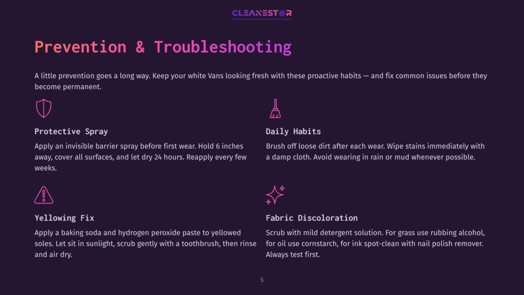 5 Prevention And Troubleshooting Infographic Titled &Quot;Prevention &Amp; Troubleshooting&Quot; For White Vans Shoes, Detailing Protective Spray, Daily Habits, Yellowing Fix, And Fabric Discoloration Solutions.