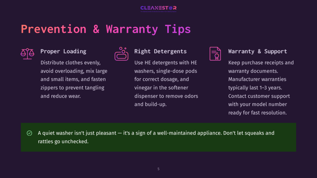 5 Prevention And Warranty Tips Prevention And Warranty Tips For Washing Machines: Proper Loading, Right Detergents, And Warranty &Amp; Support. Text Highlights Appliance Maintenance And Quiet Washer Signs.
