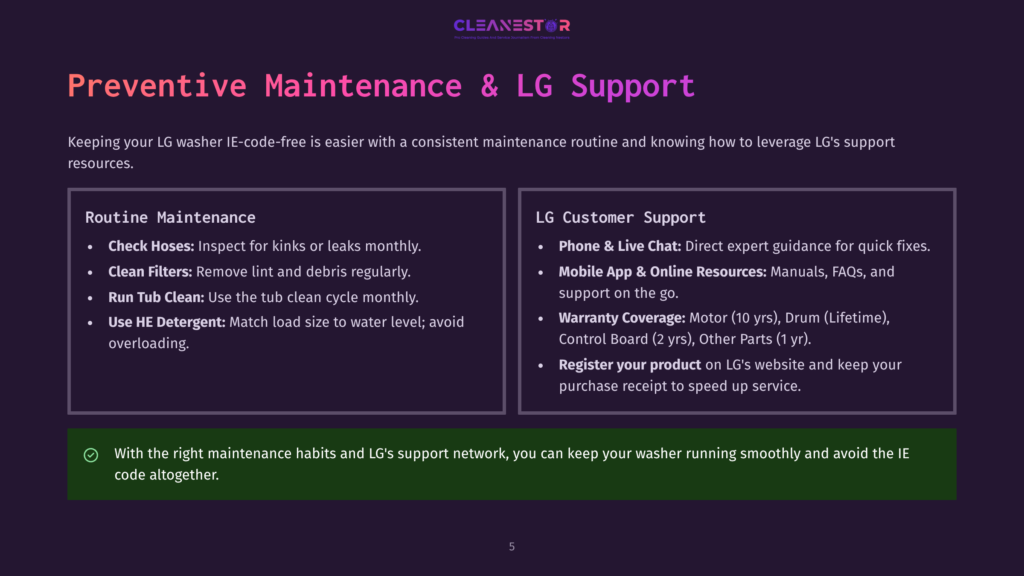 Lg Washer Ie-Code-Free Maintenance Tips: Check Hoses, Clean Filters, Run Tub Clean, Use He Detergent. Lg Customer Support: Phone/Live Chat, Mobile App, Warranty Coverage, Register Product.