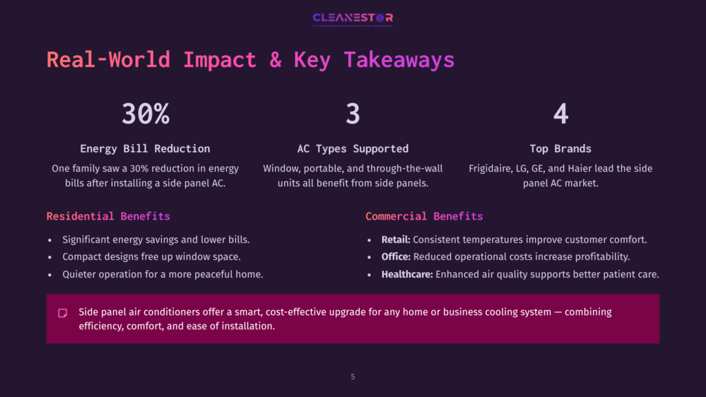 Presentation Slide Titled &Quot;Real-World Impact &Amp; Key Takeaways&Quot; With Statistics: 30% Energy Bill Reduction, Ac Types Supported, And Top Brands Like Frigidaire, Lg, Ge, And Haier. Highlights Residential And Commercial Benefits Of Smart Ac Upgrades.
