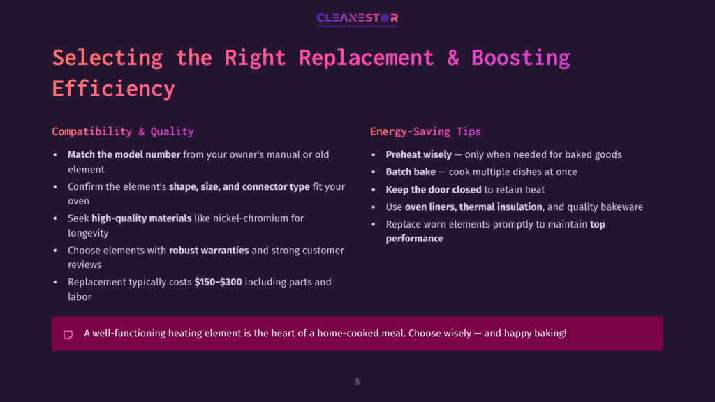 A Presentation Slide Titled &Quot;Selecting The Right Replacement &Amp; Boosting Efficiency&Quot;. It Lists Tips For Compatibility, Quality, And Energy-Saving, Including &Quot;Match The Model Number&Quot; And &Quot;Preheat Wisely&Quot;.