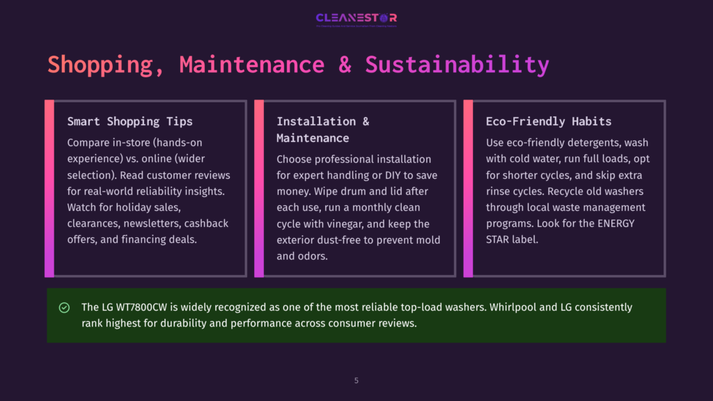 5 Shopping Maintenance And Sustainability Three Purple Boxes With White Text On A Dark Background. The Boxes Are Titled &Quot;Smart Shopping Tips,&Quot; &Quot;Installation &Amp; Maintenance,&Quot; And &Quot;Eco-Friendly Habits,&Quot; Offering Advice On Shopping, Appliance Installation, And Sustainable Practices.