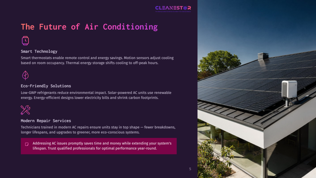 Modern Solar Panels On A Rooftop With A White Ac Unit, Next To A House With Large Windows. Text Overlay: &Quot;Cleanestor The Future Of Air Conditioning&Quot;.