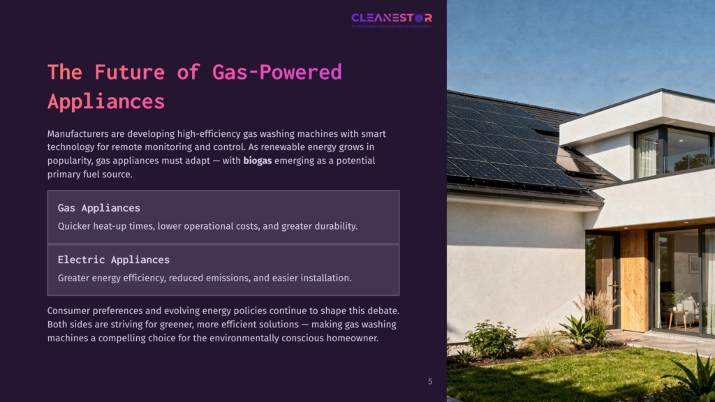 Modern Home With Solar Panels On The Roof, A Large Window, And Lush Green Landscaping. Text Overlay: &Quot;Cleanestor The Future Of Gas-Powered Appliances.