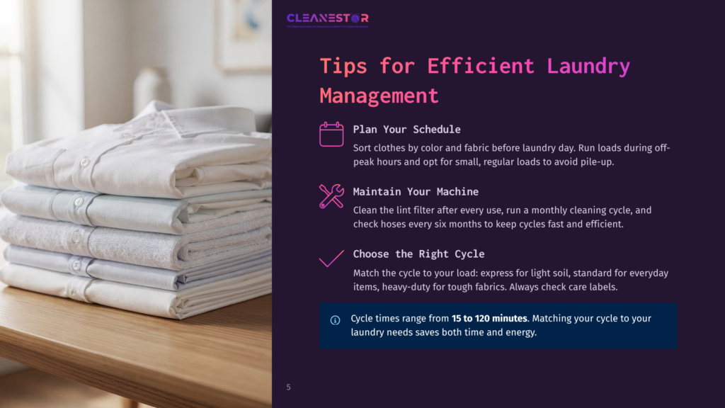Stacked White Shirts And Towels On A Wooden Table, With A Cleanestor Logo And Tips For Efficient Laundry Management In The Background.