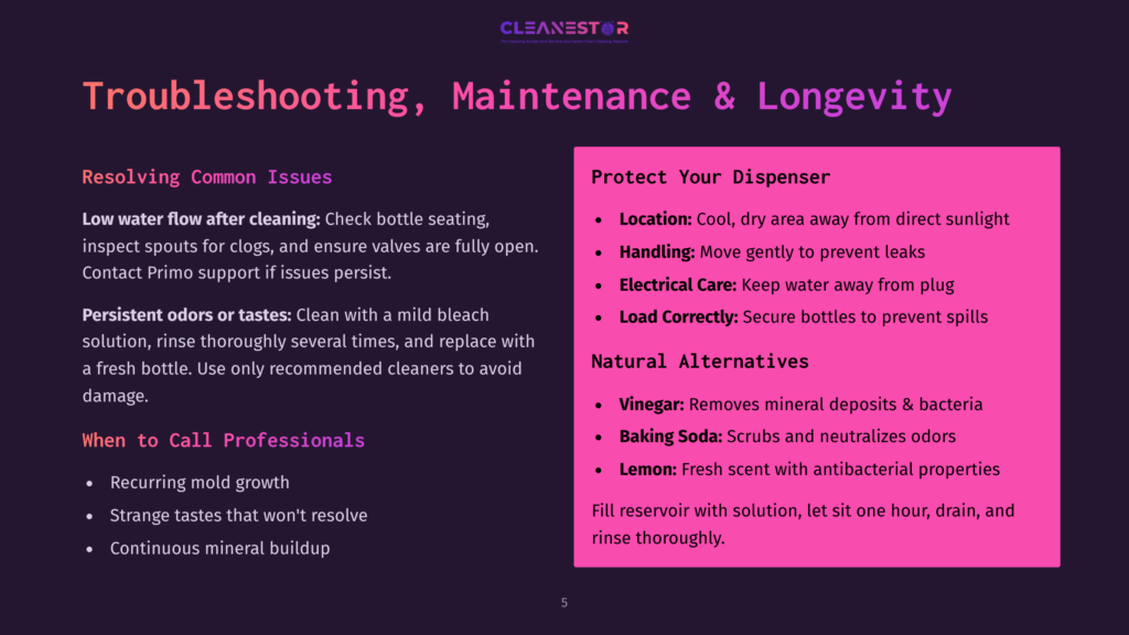 Troubleshooting, Maintenance &Amp; Longevity Guide For Cleaning Products. Includes Sections On Low Water Flow, Persistent Odors, And Protecting Your Dispenser With Proper Handling And Alternatives Like Vinegar And Baking Soda.