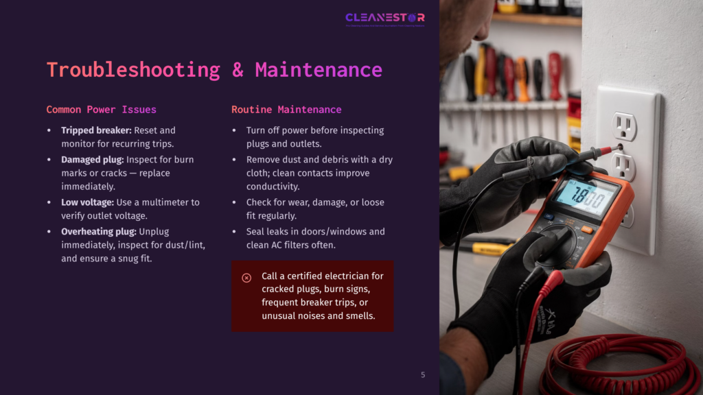 5 Troubleshooting And Maintenance Close-Up Of Hands Wearing Black Gloves Using A Multimeter To Test An Electrical Outlet, With &Quot;7.800&Quot; Displayed On The Multimeter Screen. Text On The Left Discusses Electrical Troubleshooting And Maintenance.