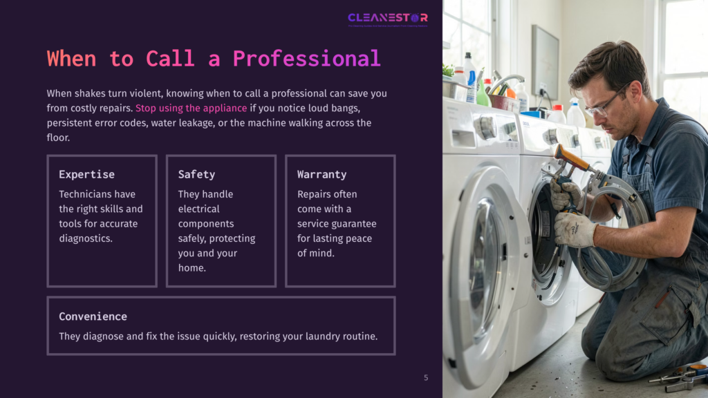 A Man In Overalls And Glasses Repairs A Washing Machine, Holding A Hose Clamp. The Background Shows Laundry Appliances And Cleaning Supplies.