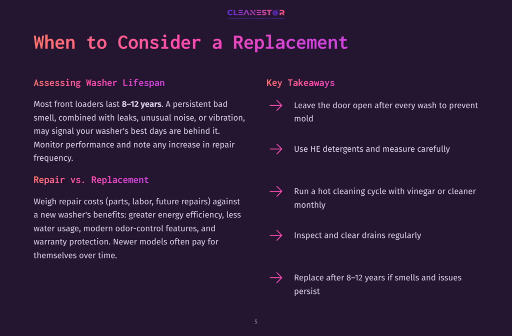 5 When To Consider A Replacement Slide Titled &Quot;When To Consider A Replacement&Quot; With Sections On &Quot;Assessing Washer Lifespan&Quot; And &Quot;Key Takeaways,&Quot; Discussing Washer Maintenance And Replacement Timing.