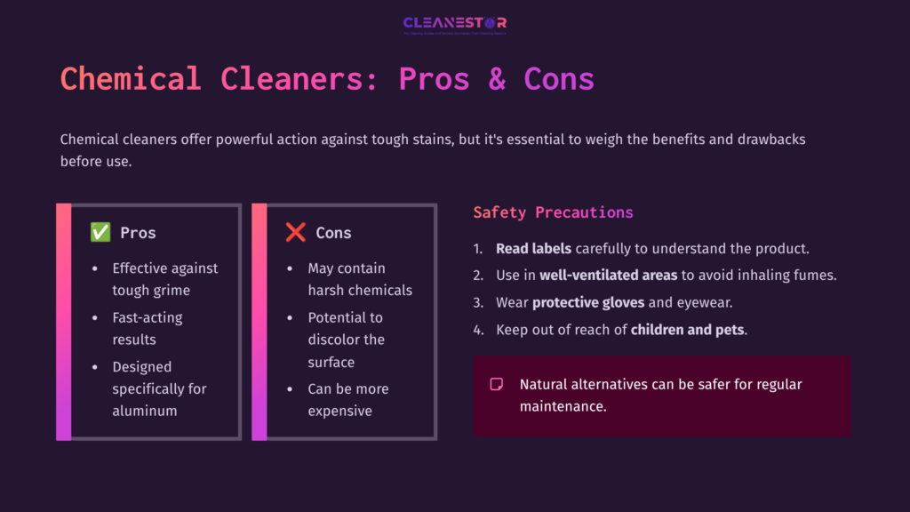 6 Chemical Cleaners Pros And Cons 1 Graphic Listing Pros And Cons Of Chemical Cleaners, With Headings In Bold Pink On A Dark Purple Background; Safety Precautions Outlined Below.