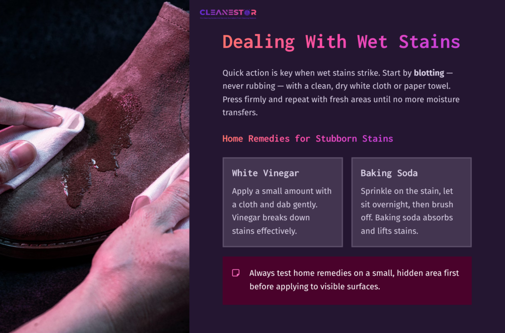 Close-Up Of A Hand Blotting A Wet Stain On A Brown Suede Sandal, With Text Providing Tips For Cleaning Stains Using Vinegar And Baking Soda.