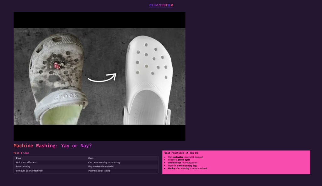 Left: Dirty Green Crocs With Stains; Right: Clean White Crocs. Light Arrow Between Pairs Indicates Before And After Cleaning.