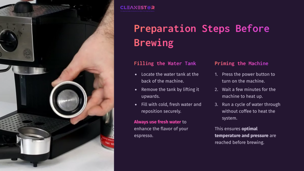 6 Preparation Steps Before Brewing 1 Hand Holding A Water Tank Near A Black Delonghi Espresso Machine, With Instructions For Filling Water And Priming Displayed On A Purple Background.