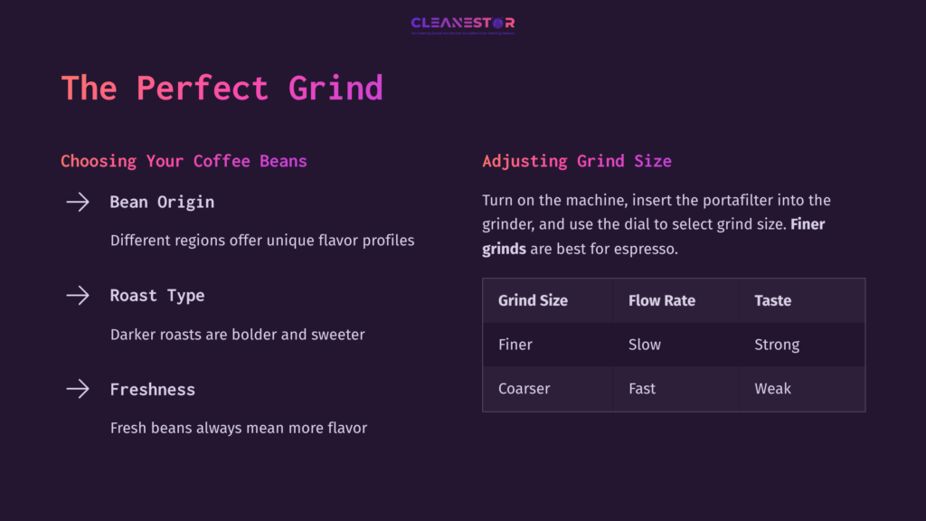 Purple And Black Layout Featuring Text About Coffee Bean Selection And Grind Size Adjustment For Espresso, With Clear Headings And A Table.