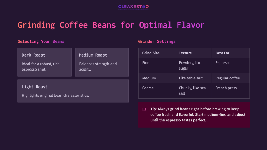 7 Grinding Coffee Beans For Optimal Flavor 1 Purple Background With White Text Detailing Coffee Bean Selection, Roast Types, Grinder Settings, And A Tip For Grinding Beans Fresh.