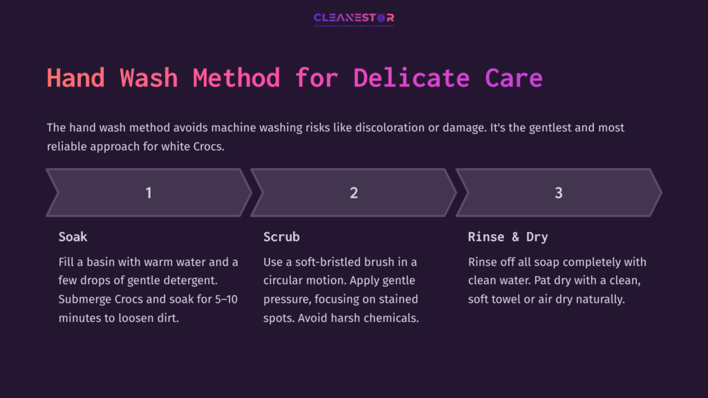 Instructions For Cleaning White Crocs: Steps Include Soaking, Scrubbing With A Soft Brush, And Rinsing/Drying With A Towel.