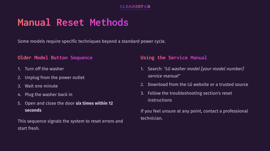 Instructions For Manually Resetting An Lg Washing Machine, Featuring A Two-Column Layout With Steps And Tips In Purple And White Text.