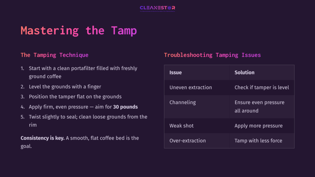A Dark Purple And Pink Layout Detailing Espresso Tamping Techniques, With Key Steps On The Left And Troubleshooting Tips On The Right.