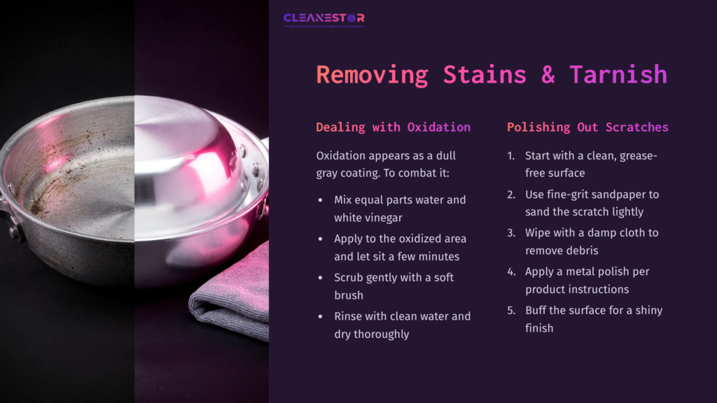 Stainless Steel Pot With A Shiny Surface, Accompanied By A Gray Cloth And Tips For Cleaning Stains And Scratches.