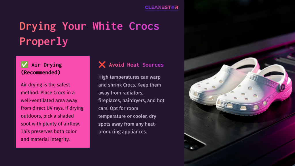 White Crocs Placed On A Dark Surface, Accompanied By Text About Air Drying And Avoiding Heat Sources For Cleaning.