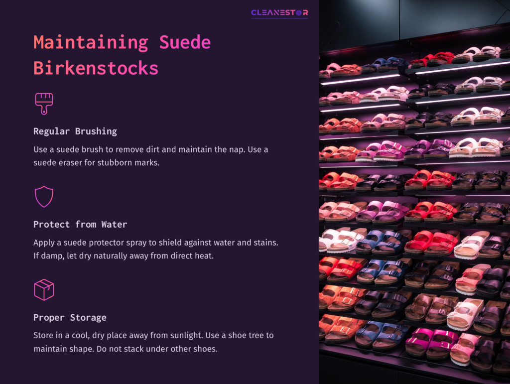 A Display Of Various Suede Birkenstock Sandals In Shades Of Pink And Purple, Alongside Maintenance Tips In Bold Text.