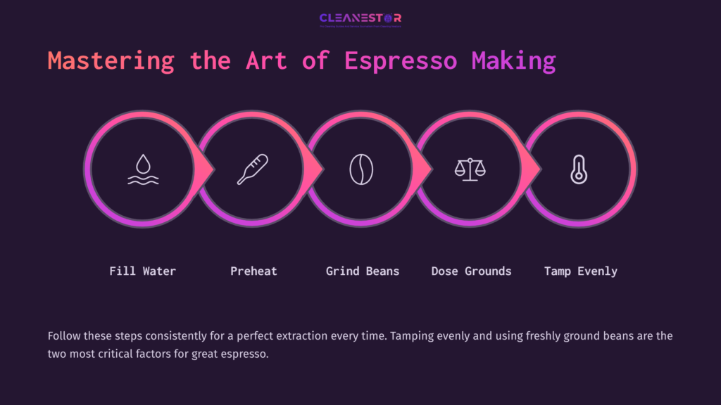 8 Mastering The Art Of Espresso Making 1 Graphic Outlining Five Steps For Using A Delonghi Espresso Machine: Fill Water, Preheat, Grind Beans, Dose Grounds, And Tamp Evenly.