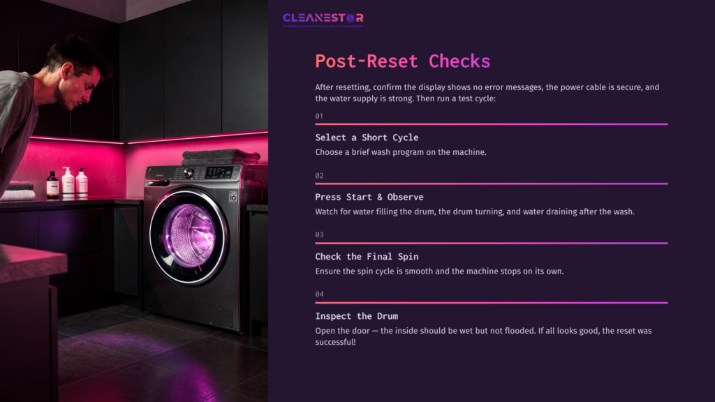 A User Checks An Lg Washing Machine In A Modern Laundry Room With Purple Lighting, Following Post-Reset Instructions Displayed On The Wall.
