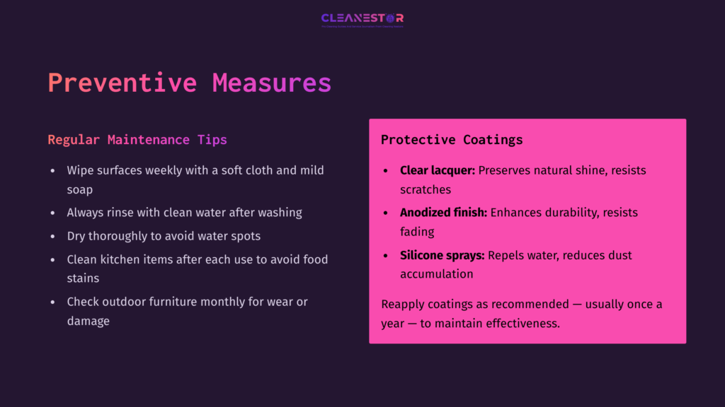 Purple Background Featuring Text On Aluminum Cleaning Tips. Left Side Lists Maintenance Tips; Right Side Highlights Protective Coatings With Pink Box.