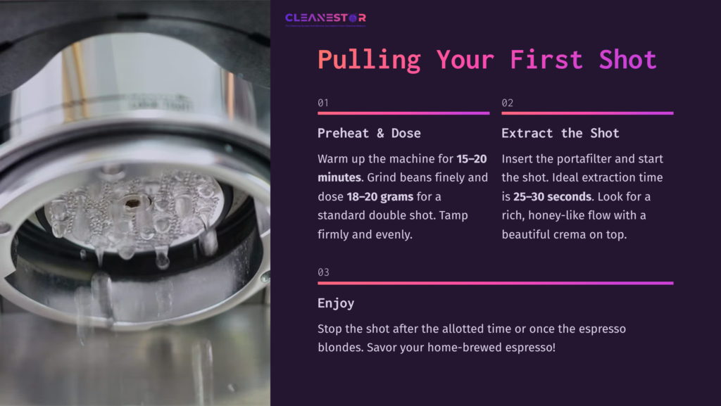 Breville Espresso Machine Portafilter With Ground Coffee, Steam Wand, And Extraction Instructions Highlighted In Purple And White Text.
