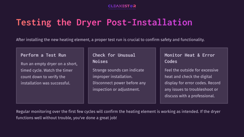 8 Testing The Dryer Post Installation 1 Instructions For Testing A Dryer After Installing A Heating Element, With Steps Highlighted On A Purple Background.