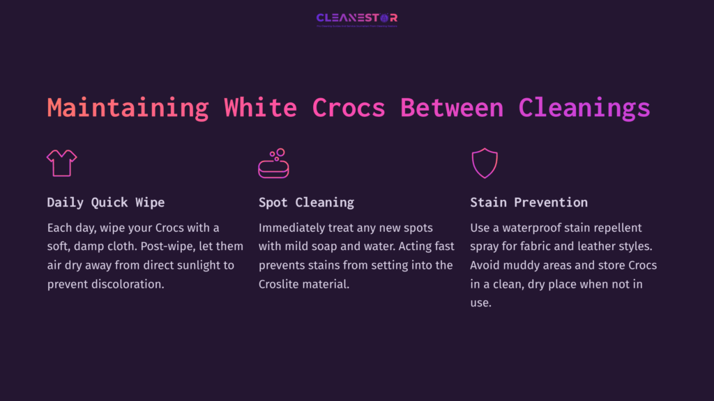 Text Layout On A Dark Background With &Quot;Maintaining White Crocs Between Cleanings&Quot; At The Top, Followed By Tips For Cleaning, Using Pink And White Font.
