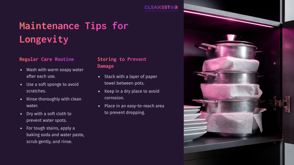 9 Maintenance Tips For Longevity 2 Stacked Aluminum Pots With A Soft Cloth And Plates Nearby, Illuminated By Pink Lighting, Alongside Maintenance Tips For Longevity.