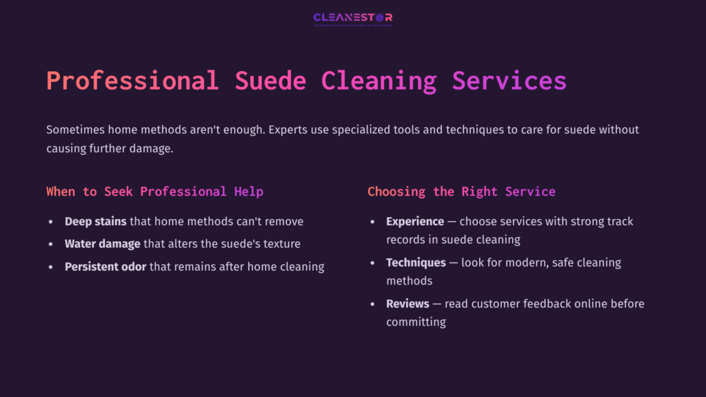 Text On A Dark Background Highlights Professional Suede Cleaning Services, Emphasizing Expertise, Service Choice, And Customer Feedback.