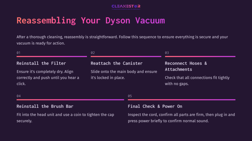 9 Reassembling Your Dyson Vacuum 1 Step-By-Step Guide For Reassembling A Dyson Vacuum, Featuring Numbered Instructions And Icons On A Dark Purple Background.