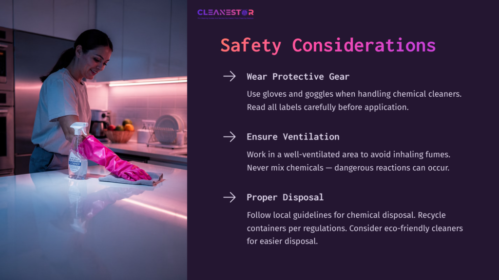 Woman In A Pink Apron And Glovescleaning A Countertop With A Spray Bottle, Neon Lighting Highlighting Safety Tips On Chemical Cleaning.