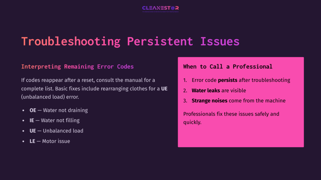 Text On A Dark Background Discusses Troubleshooting Lg Washing Machine Error Codes, With A Pink Box Highlighting When To Call A Professional.