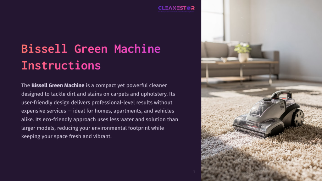 A Bissell Green Machine Carpet Cleaner Sits On A Plush Beige Carpet Next To A Couch, With The Bissell Logo Visible On The Machine. The Text &Quot;Bissell Green Machine Instructions&Quot; Is Overlaid On The Left Side Of The Image.